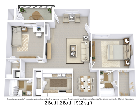 Floor plan for 2 beds, 2 baths, 912 sqft
